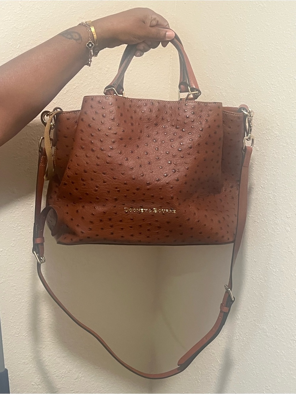 Dooney & Bourke Brown Ostrich-Embossed Leather Shoulder Bag